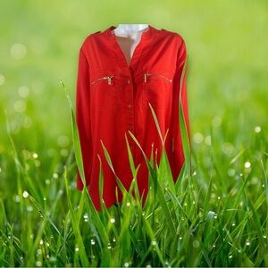 Calvin Klein L Womens Red Roll Tab Long Sleeve Zipper Pocket Utility Top